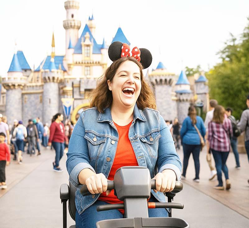 a woman on a mobility scooter enjoying her time at disneyland in anaheim, california