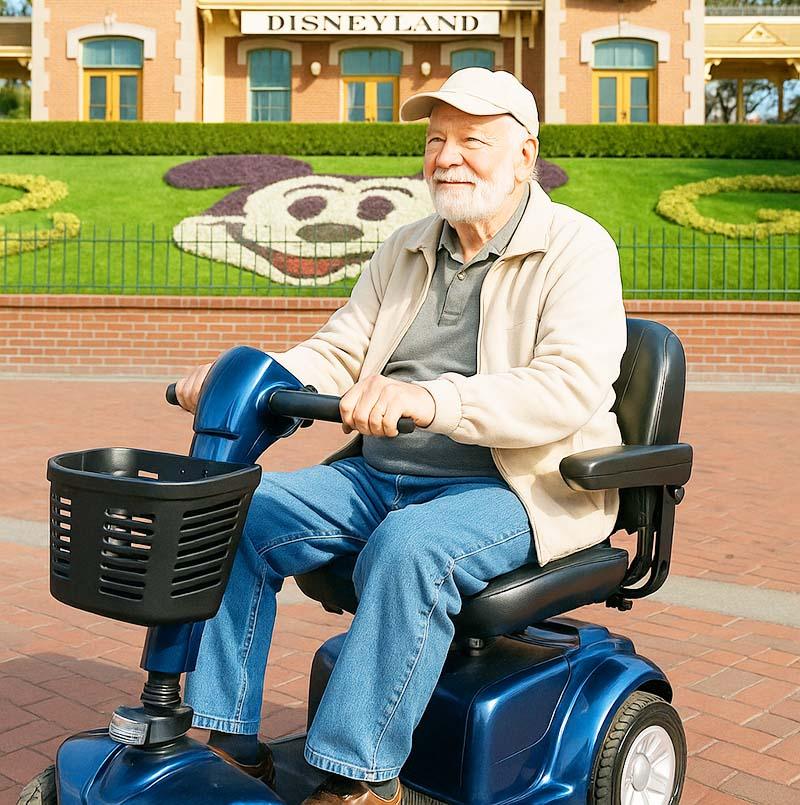 old man on a scooter at the entrance of disneyland in anaheim, california