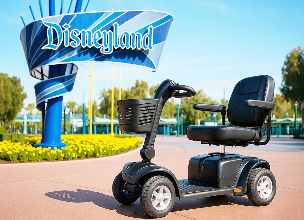 black mobility scooter parked at the disneyland entrance
