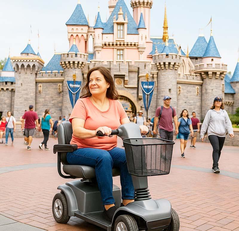 woman on mobility scooter in disneyland in anaheim, california
