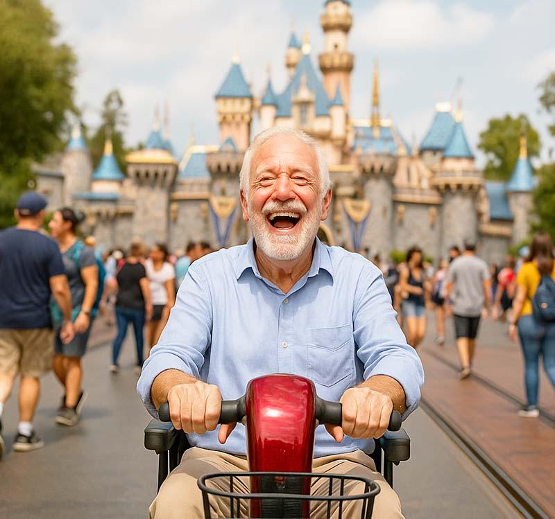 man riding a scooter in disneyland in anaheim california while having the time of his life