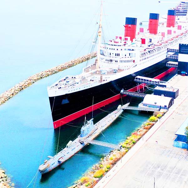 Long beach port and the queen marry ship docked at the port