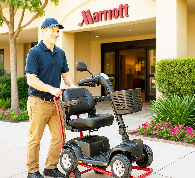 a man delivering a mobility scooter to a disneyland hotel in the city of anaheim, california