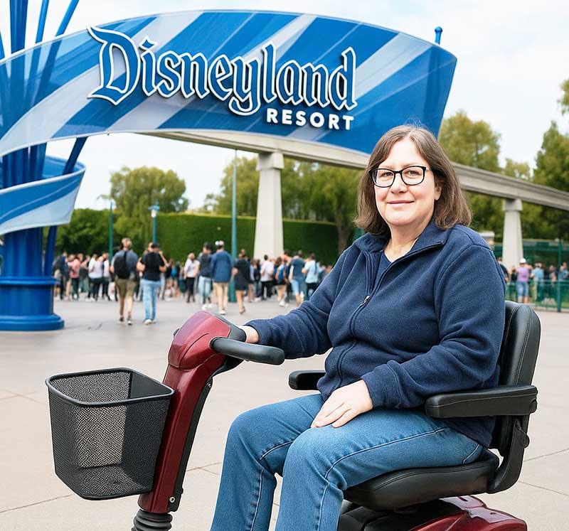 woman on a mobility scooter in front of the Disneyland entrance