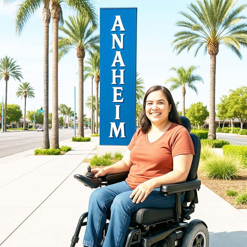 A lady on an electric wheelchair in the city of Anaheim, California