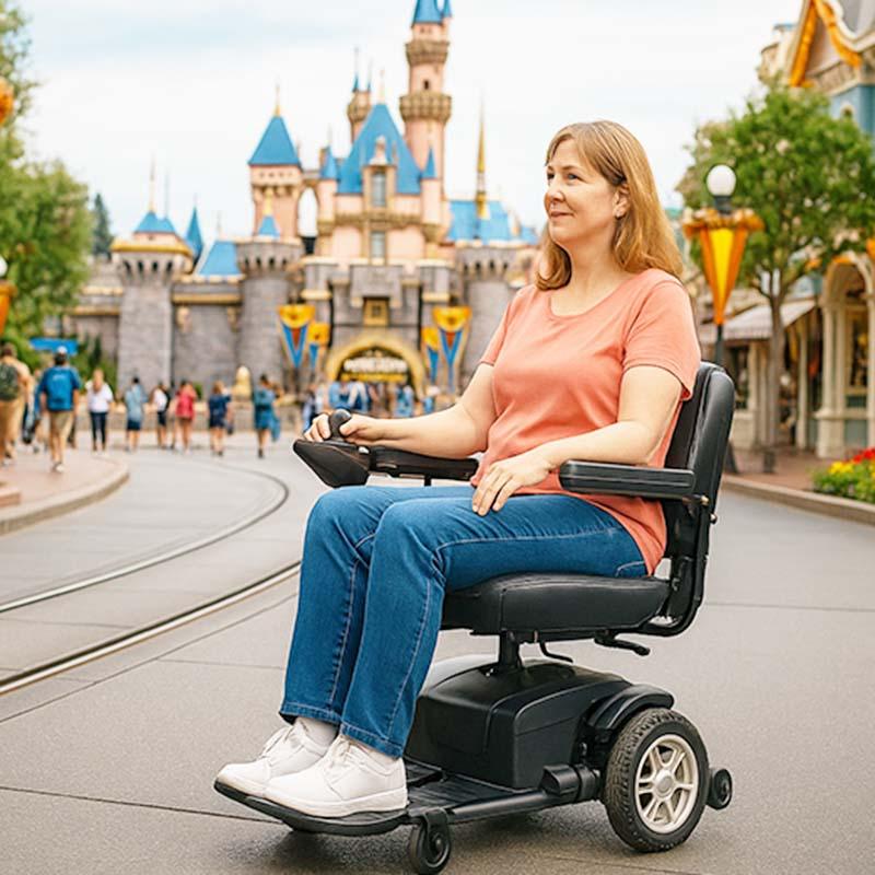 middle aged lady on an electric scooter at the disneyland theme park in Anaheim, california