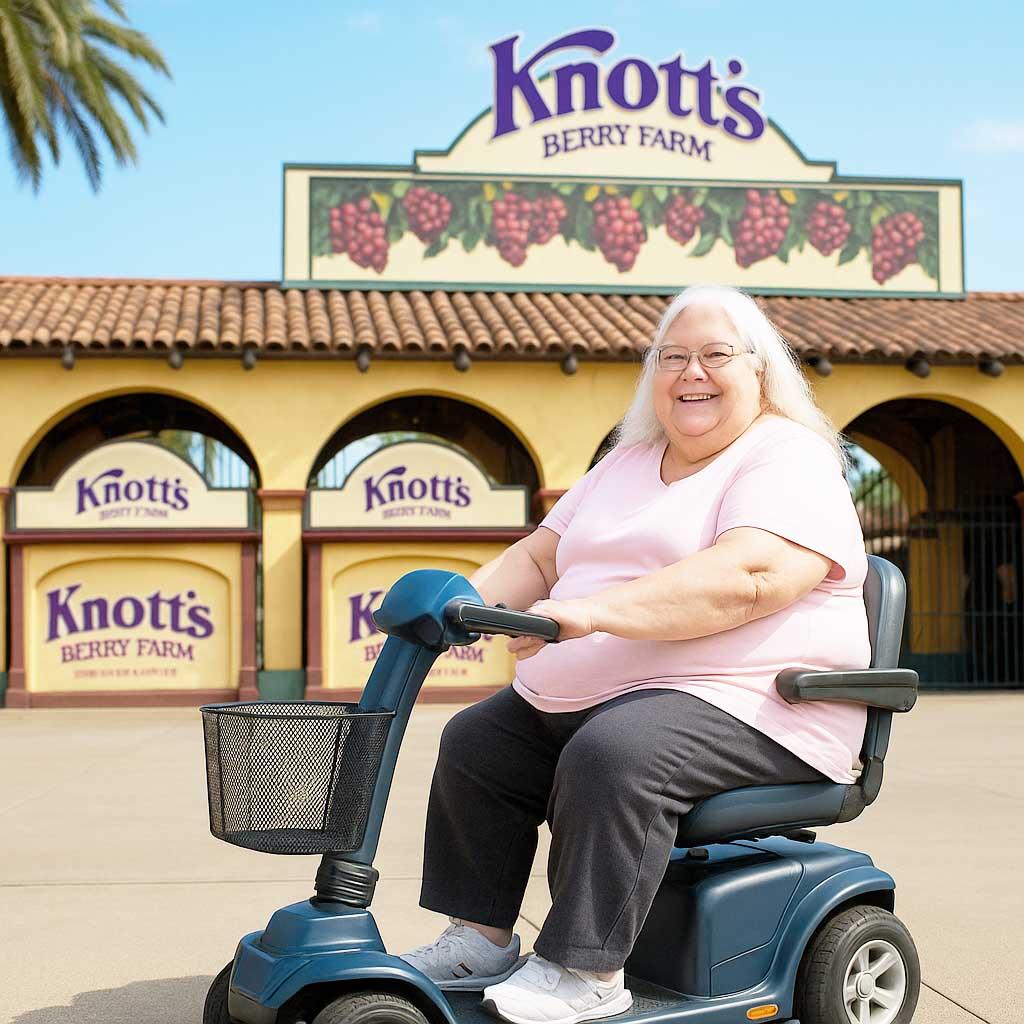 elderly woman on mobility scooter at the knott's theme park