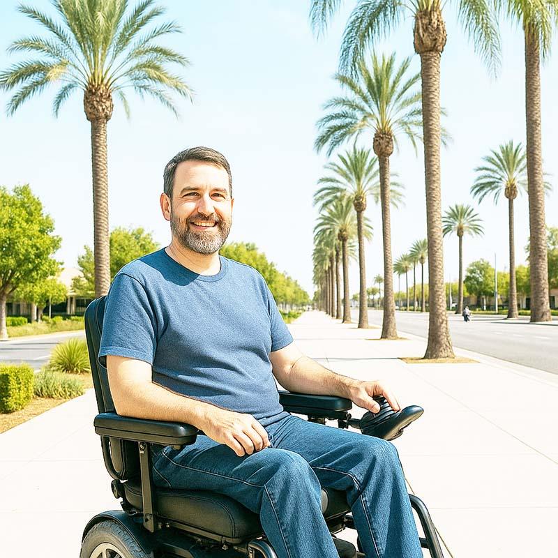 A man on an a power wheelchair in anaheim, california