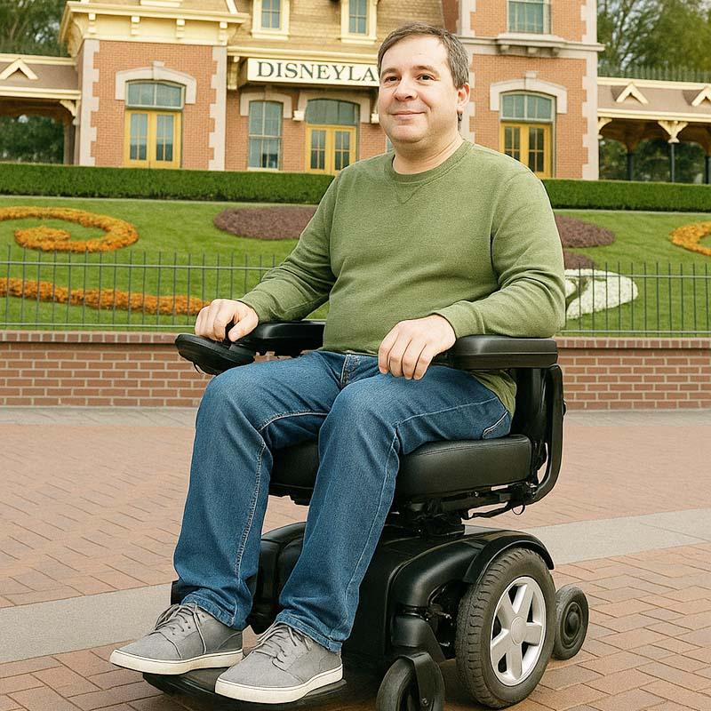 A man on an electric wheelchair in the Disneyland theme park in Anaheim, California