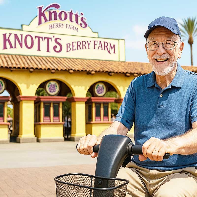elderly man enjoying his knott's scooter rental and the berry farm