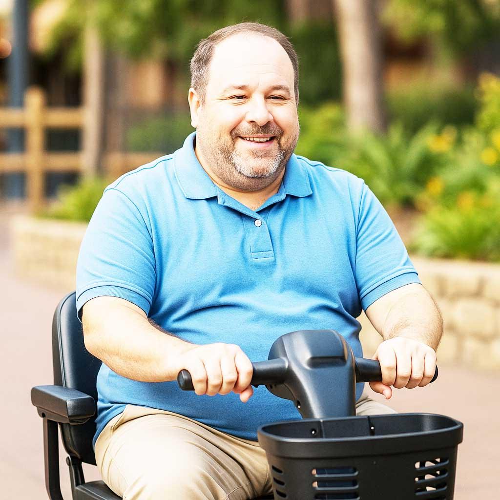 man riding mobility scooter