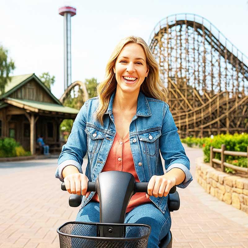 woman enjoying her knott's berry farm scooter rental just outside of the theme park