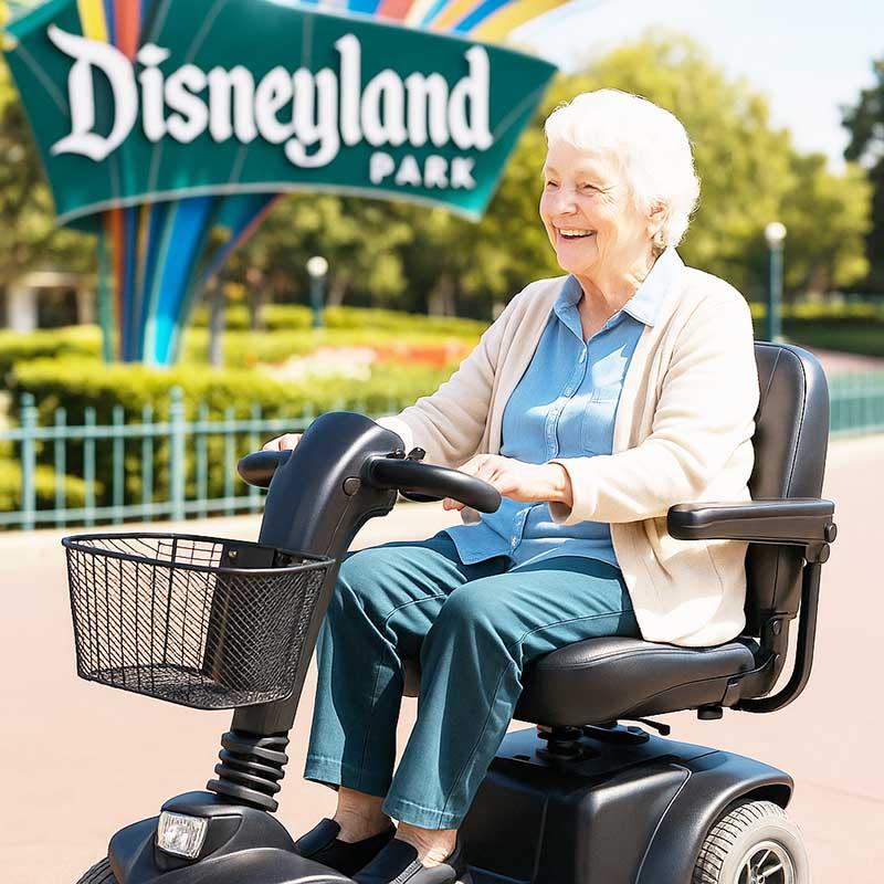 elderly woman on ecv scooter in disneyland in anaheim, california