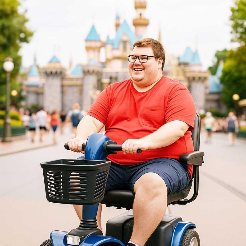 young man disabled on ecv in disneyland in anaheim california