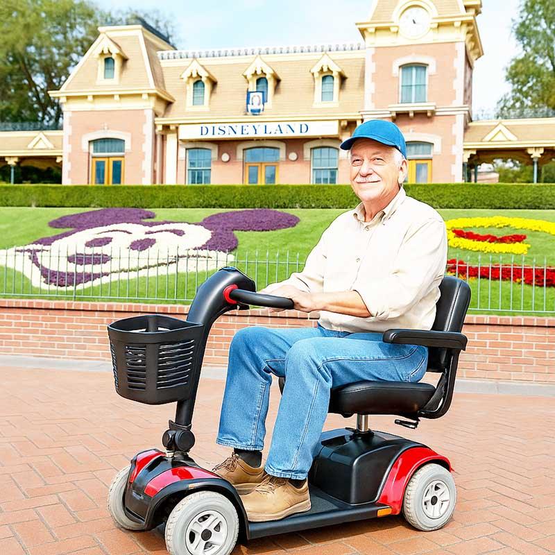 man on mobility scooter at entrance of disneyland