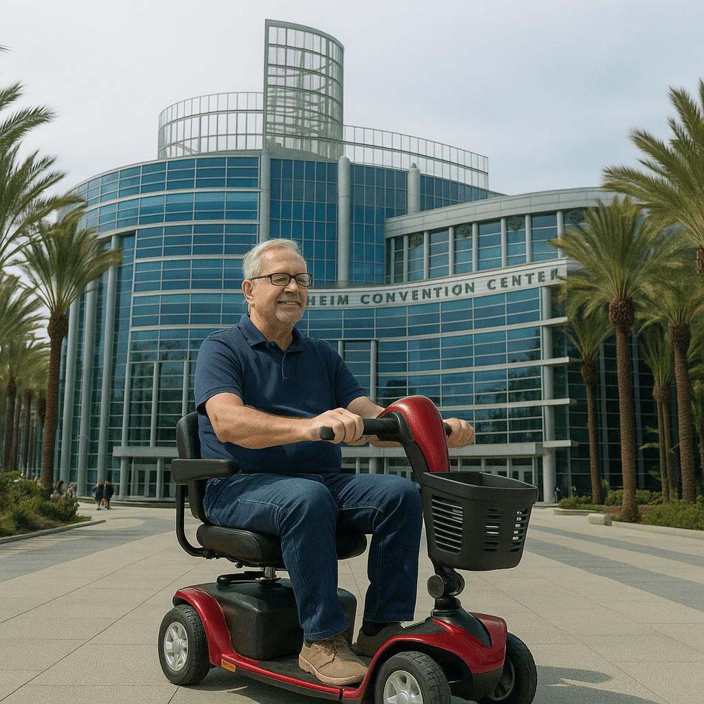 man on mobility scooter in front of the anaheim convention center