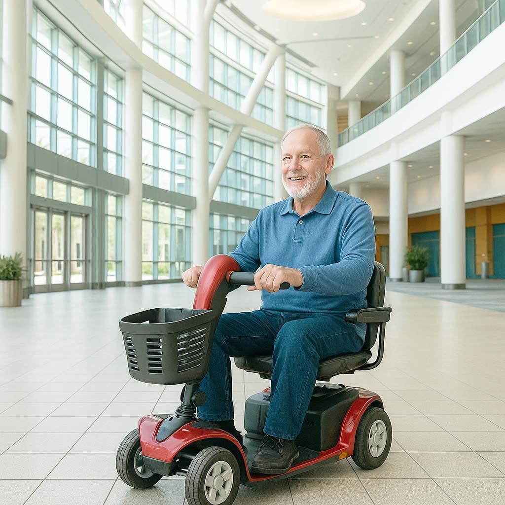 man on mobility scooter inside the anaheim convention center