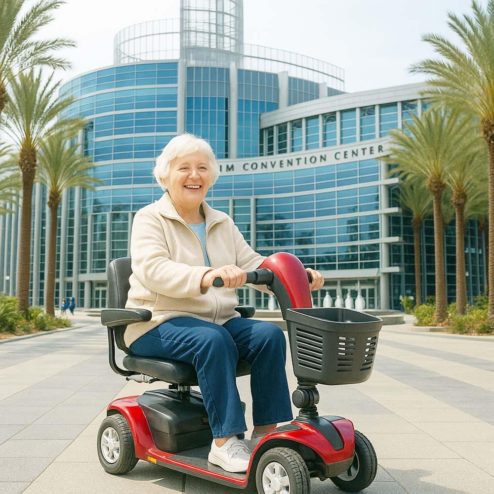 elderly woman on mobility scooter in front of the anaheim convention center
